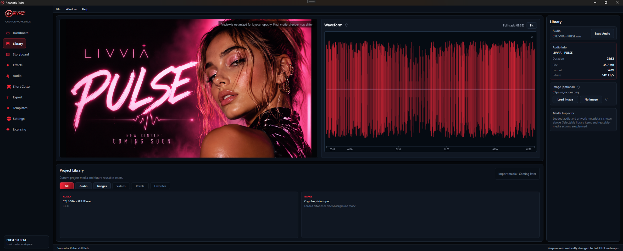 The current Sonentix Pulse interface showing the fictitious Livvia single Pulse, an audio waveform and project media